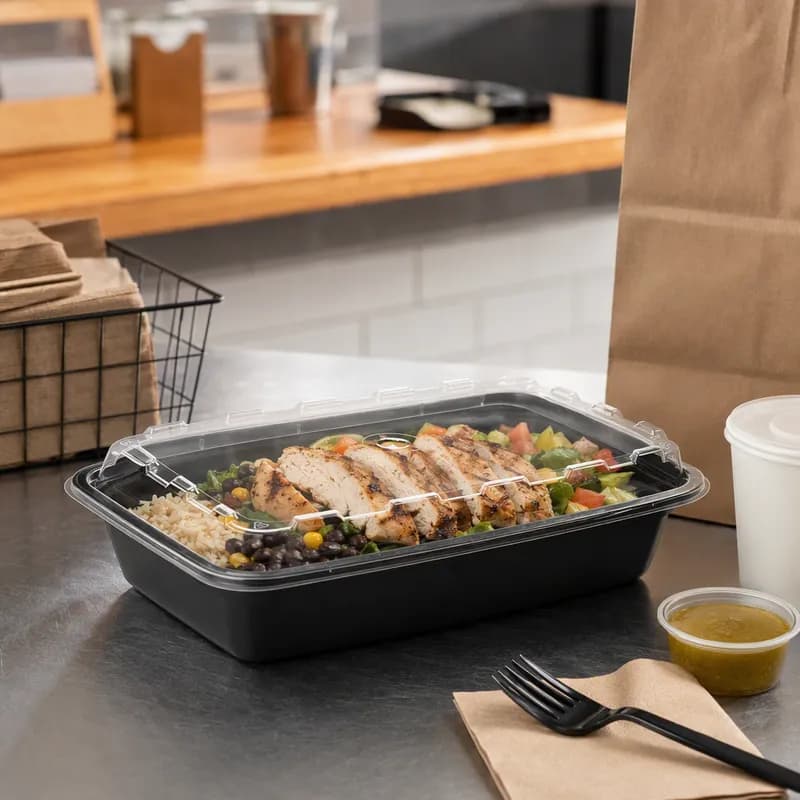 Take-Out Container Base & Lid Combo With Dome Lid 56 OZ Plastic Black Clear Rectangle 100/Case