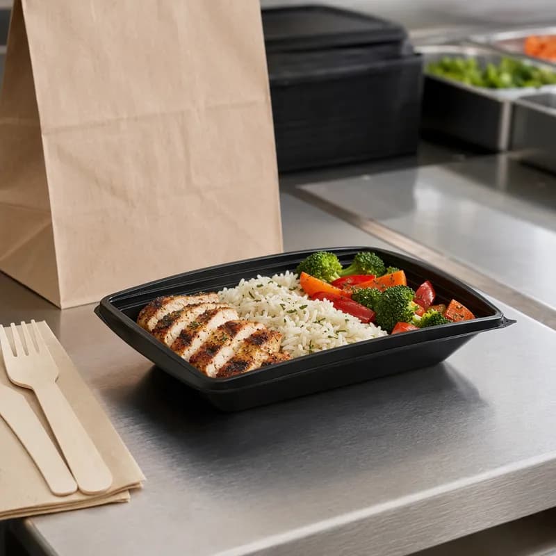 The BOTTLEBOX ® Take-Out Container Base 10.3X7.3X2 IN PP Black Rectangle 400/Case