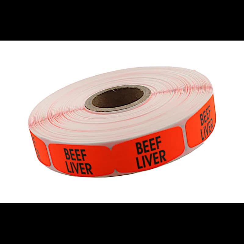 Beef Liver Label 0.625X1.25 IN Black Fluorescent Red Short Oval 1000 Count/Roll 50 Rolls/Case 50000 Count/Case