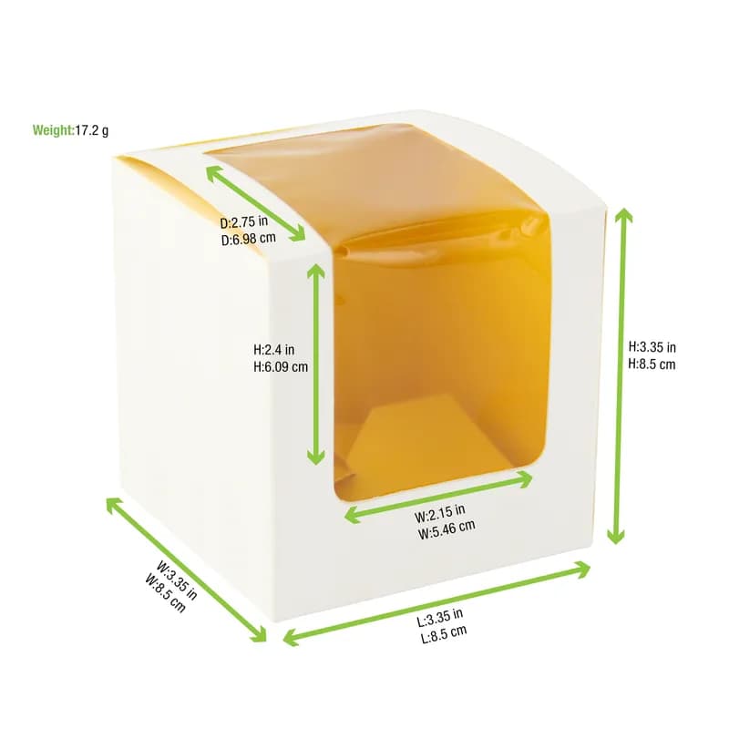 Cupcake Box 3.3X3.3X3.3 IN Corrugated Paperboard Yellow 1 Piece With Window 50 Count/Pack 2 Packs/Case 100 Count/Case