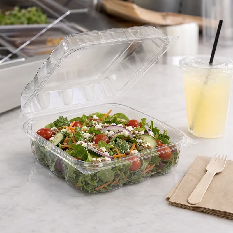 Essentials Take-Out Container Hinged With Dome Lid 8.625X8.6875X3.375 IN RPET Clear Square 132/Case
