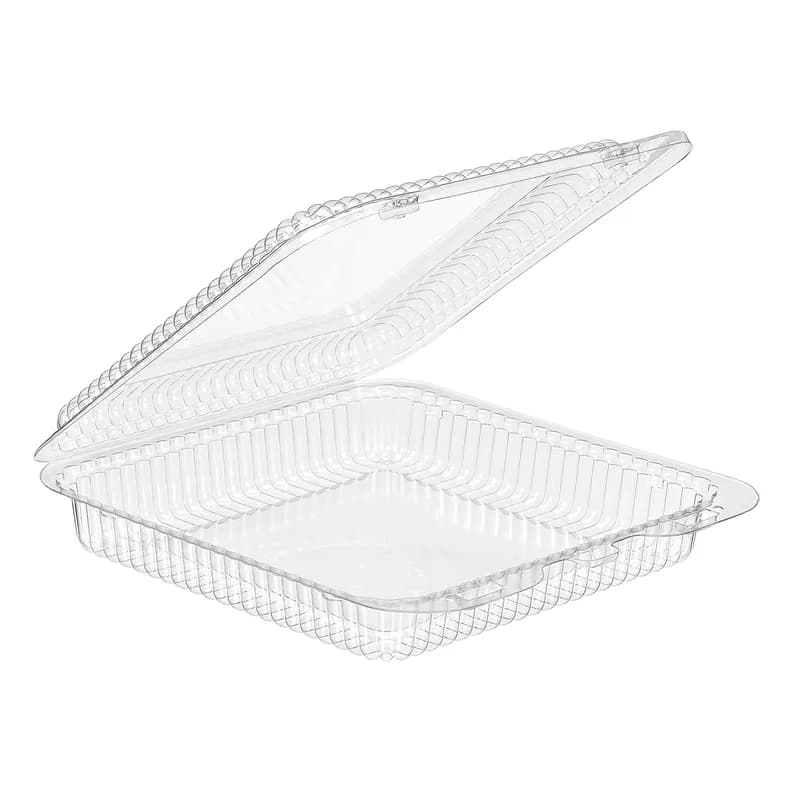 Essentials Take-Out Container Hinged With Dome Lid 7.5625X8X1.75 IN RPET Clear Square Shallow 300/Case