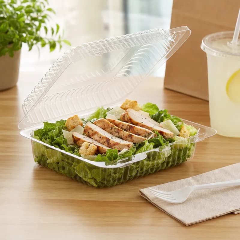Essentials Take-Out Container Hinged With Dome Lid 6.9375X5.875X2 IN RPET Clear Rectangle Shallow 300/Case
