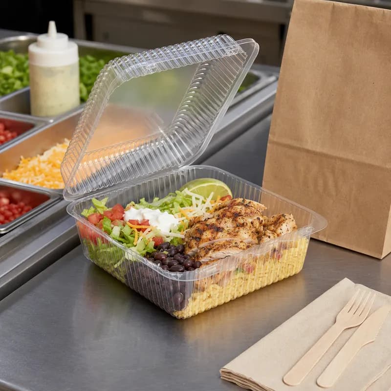 Essentials SureLock Take-Out Container Hinged 8.25X8.75X3.5 IN RPET Clear Rectangle Heavyweight 184/Case