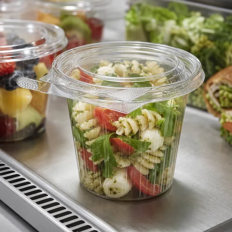 Safe-T-Fresh® Deli Container Hinged With Flat Lid 12 OZ RPET Clear Round 256/Case