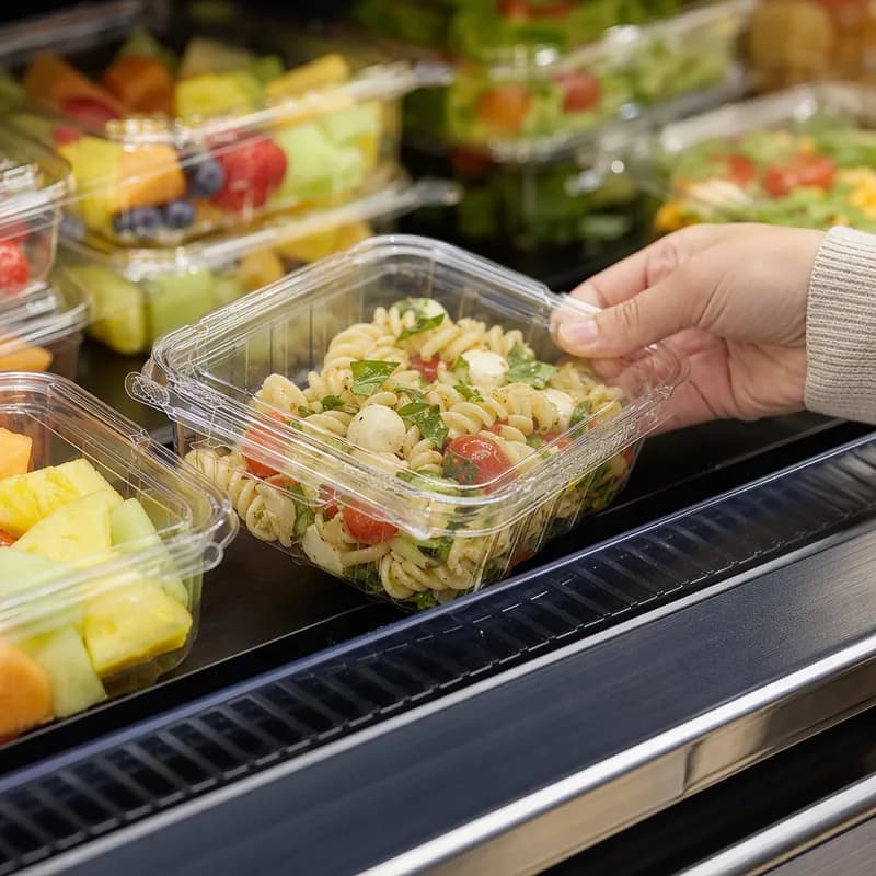 Safe-T-Fresh® Deli Container Hinged With Flat Lid 17 OZ RPET Clear Rectangle Hangable 320/Case