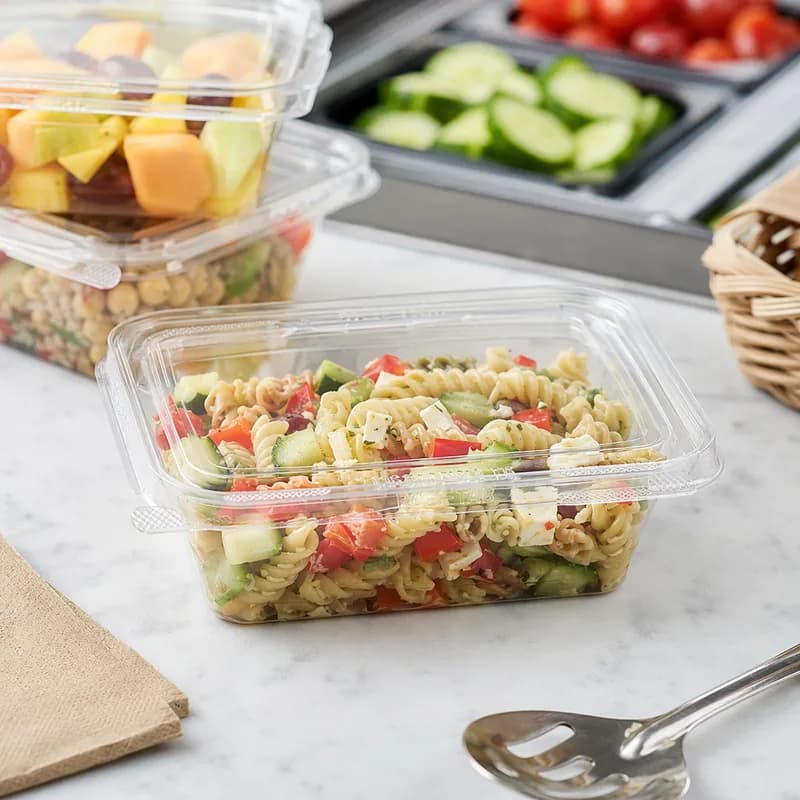 Safe-T-Fresh® Deli Container Hinged With Flat Lid 20 OZ RPET Clear Rectangle 200/Case