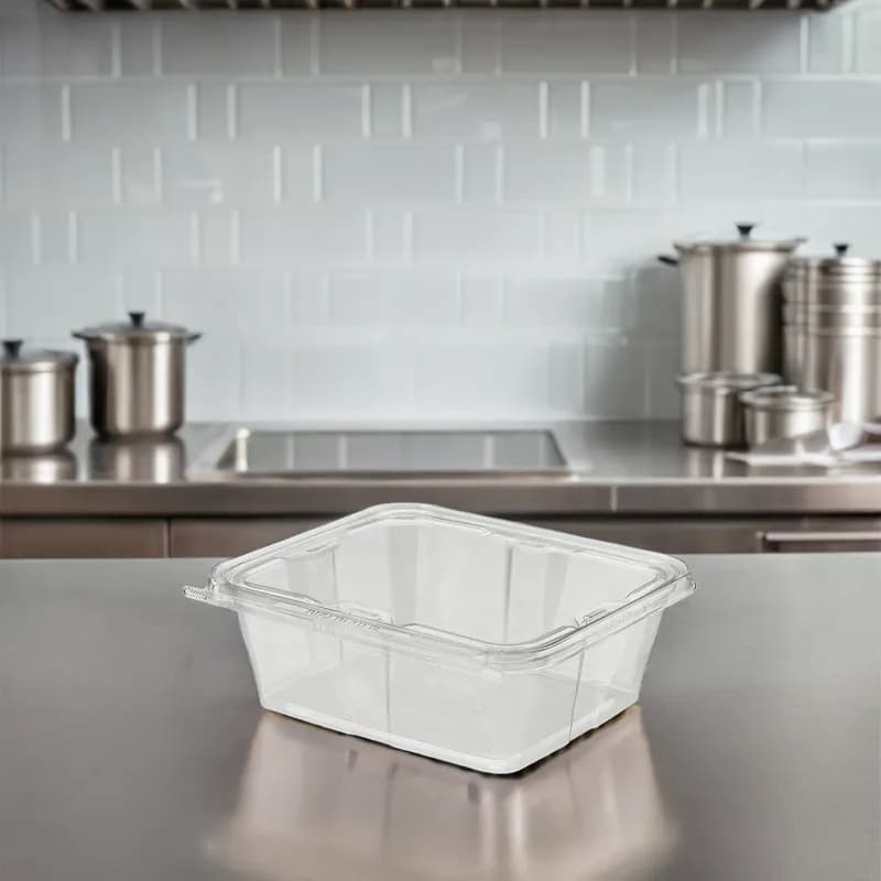 Safe-T-Fresh® Deli Container Hinged With Flat Lid 64 OZ RPET Clear Rectangle 150/Case