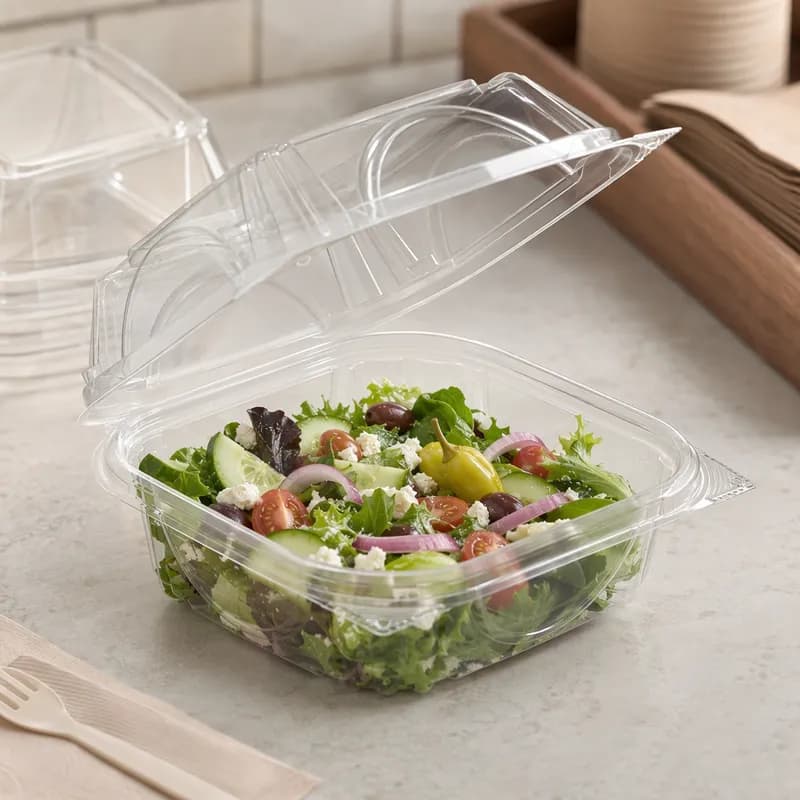 Essentials Take-Out Container Hinged With Dome Lid 6.3125X6X3.0625 IN RPET Clear Square Perimeter Seal 330/Case