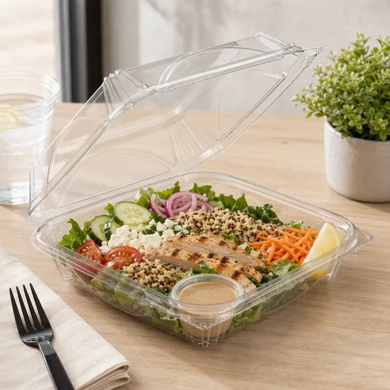 Essentials Take-Out Container Hinged With Dome Lid 8.9375X7.875X2.875 IN RPET Clear Square Perimeter Seal 110/Case