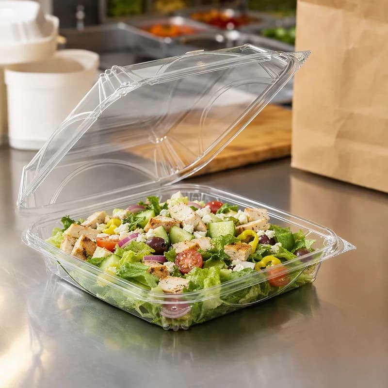 Essentials Take-Out Container Hinged With Dome Lid 9.375X9.375X3 IN RPET Clear Square 100/Case