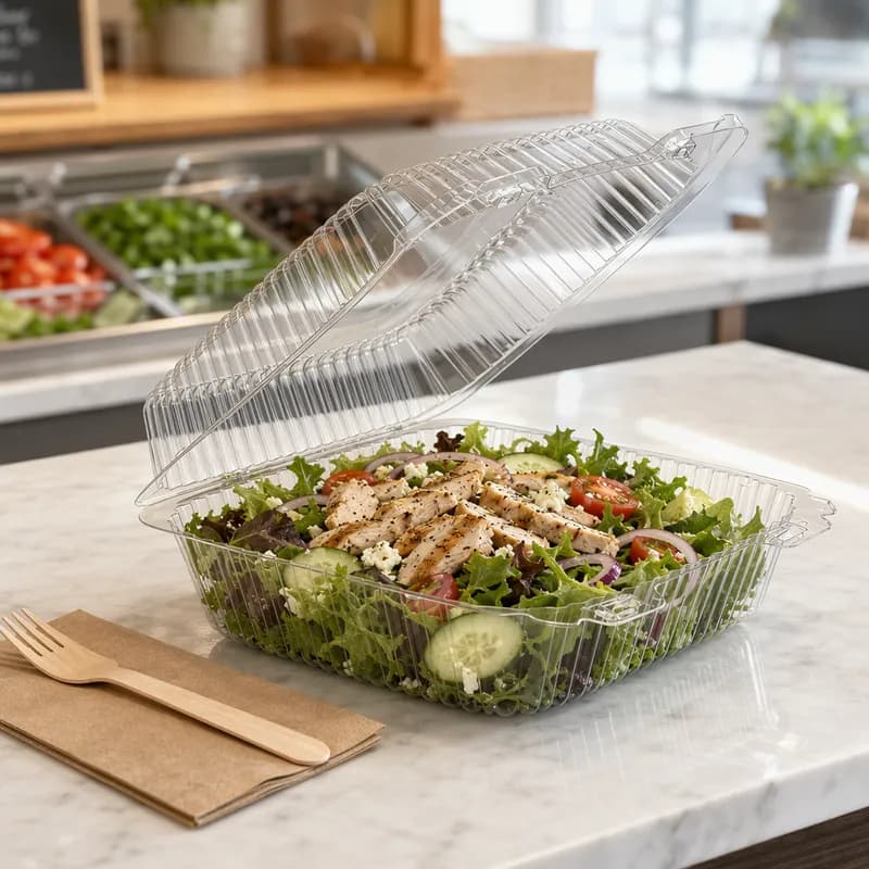 Essentials Take-Out Container Hinged With Dome Lid Large (LG) 9X9.4375X3 IN RPET Clear Rectangle Bar Lock 200/Case