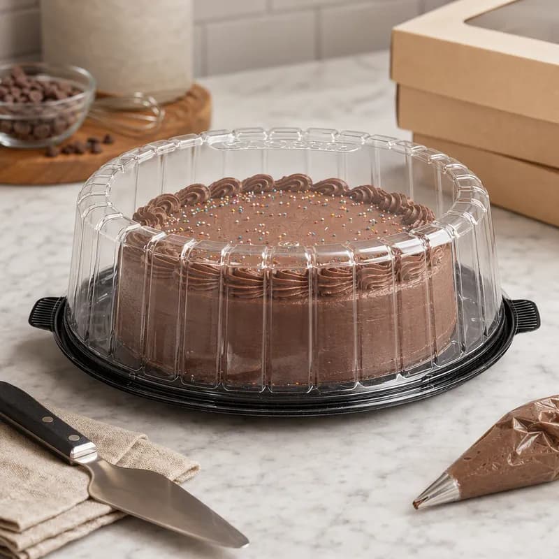 Essentials EZ Open® Cake Container & Lid Combo With Dome Lid 1 Layer 12.125X13.375X4 IN RPET Black Clear Round 50/Case