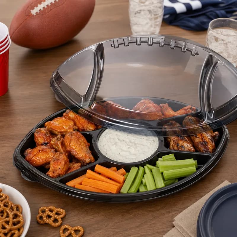 Serving Tray Base & Lid Combo With Flat Lid 17 IN Black Football With Dip Cup Raised 50/Case