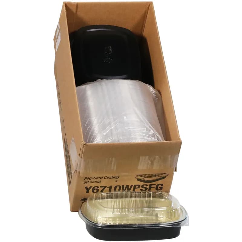 Take-Out Container Base & Lid Combo With Dome Lid 46 OZ Aluminum OPS Black Gold Clear Oval 50/Case
