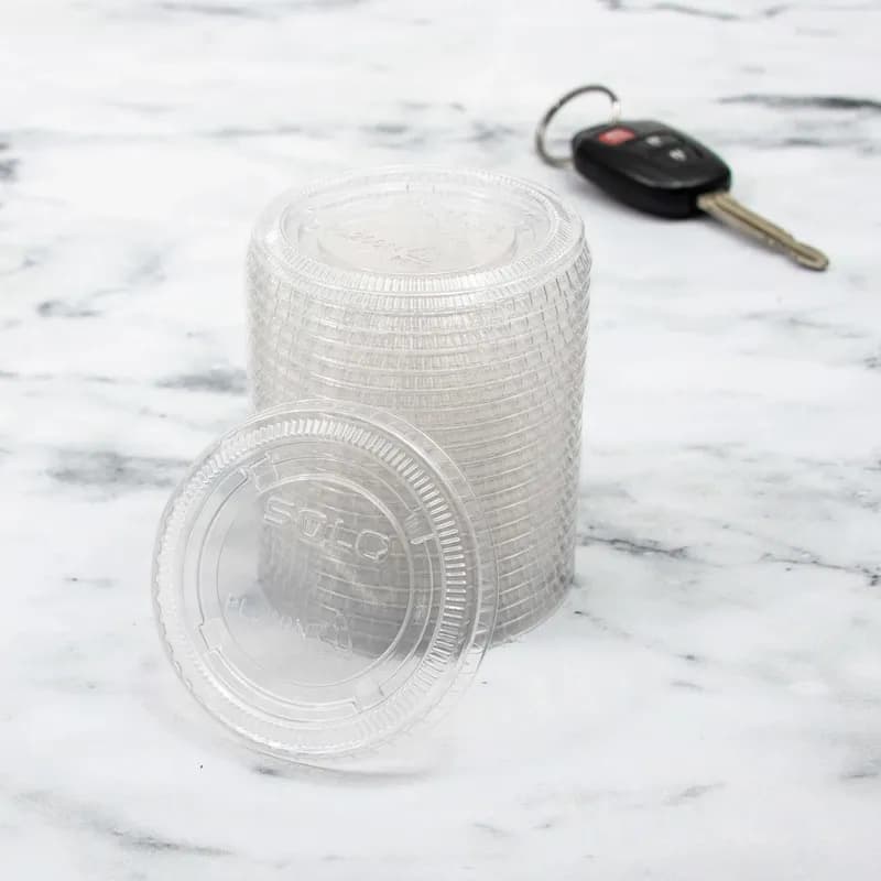 Solo® Lid Flat Medium (MED) 2.577X0.3 IN PET Clear Round For 2 OZ Souffle & Portion Cup 125 Count/Pack 20 Packs/Case
