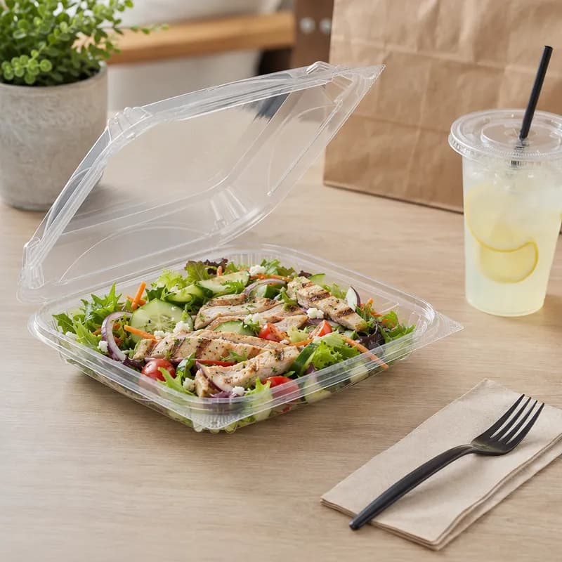 Essentials Take-Out Container Hinged With Dome Lid 8.9375X7.875X2.0625 IN RPET Clear Square 110/Case