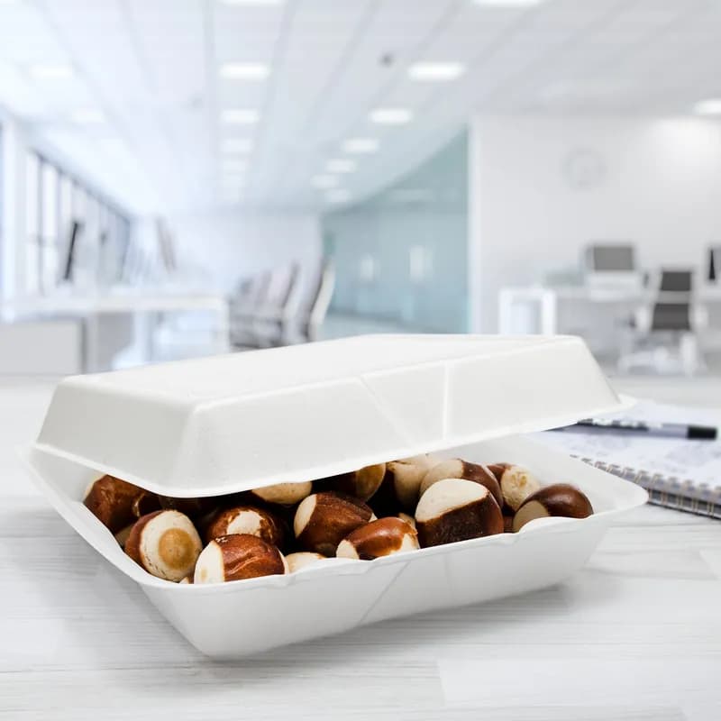 Dart® Take-Out Container Hinged Large (LG) 9.5X9.19X3 IN XPS White Square Insulated 100 Count/Pack 2 Packs/Case