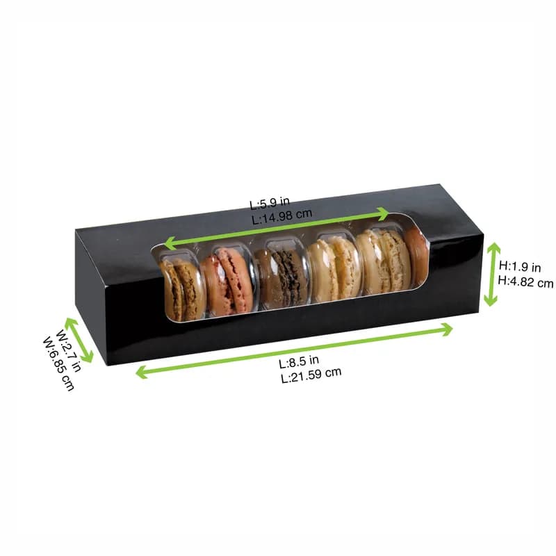Macaron Box 7 CT 8.5X2.7X1.9 IN Corrugated Cardboard PET Black With Window 50 Count/Pack 5 Packs/Case 250 Count/Case