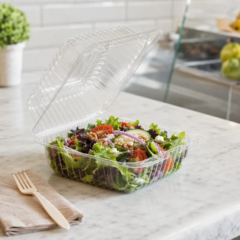 Essentials Take-Out Container Hinged With Dome Lid 5.25X5.625X2.75 IN RPET Clear Square Shallow Bar Lock 500/Case