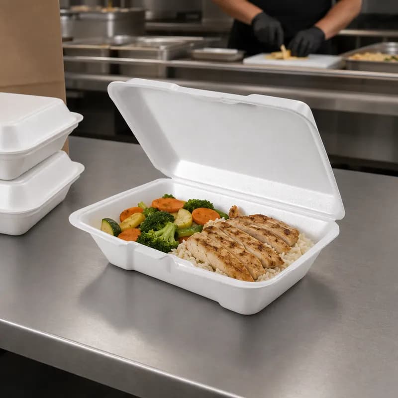 Take-Out Container Hinged 9.19X6.5X2.875 IN Polystyrene Foam White Vented 200/Case