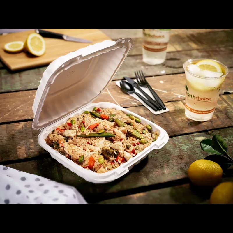 Take-Out Container Hinged With Dome Lid 8.3X8.4X3.1 IN MFPP White Square 200/Case