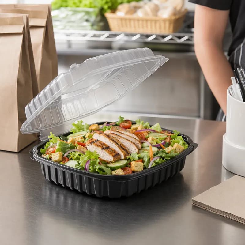 Culinary Basics® Take-Out Container Hinged With Dome Lid 9X9 IN PP Black Clear Square Anti-Fog 100/Case