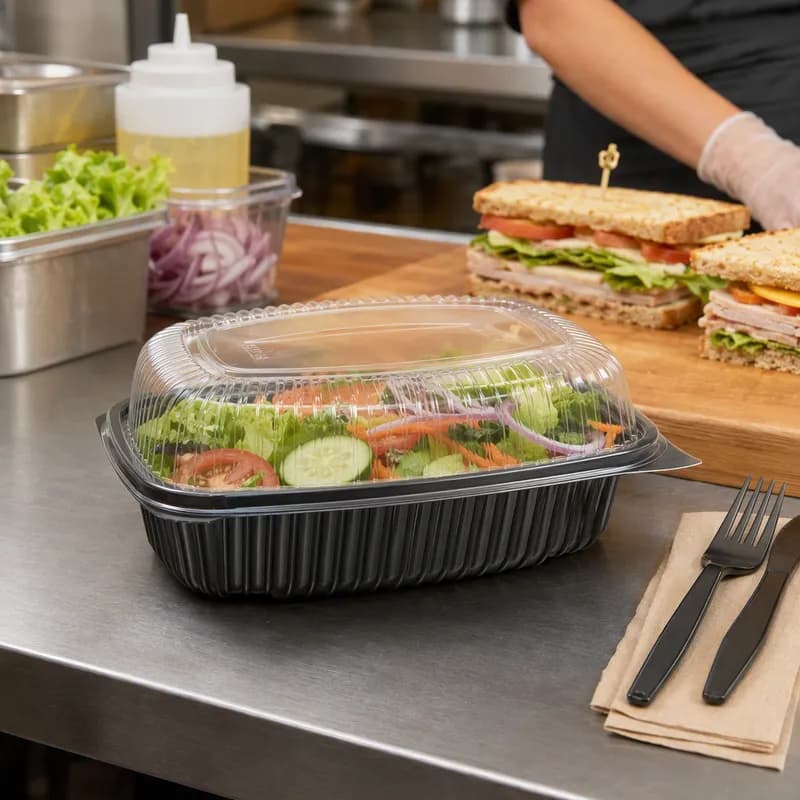Culinary Classics® Take-Out Container Hinged With Dome Lid 6X9 IN PP Black Clear Vented Anti-Fog 100/Case