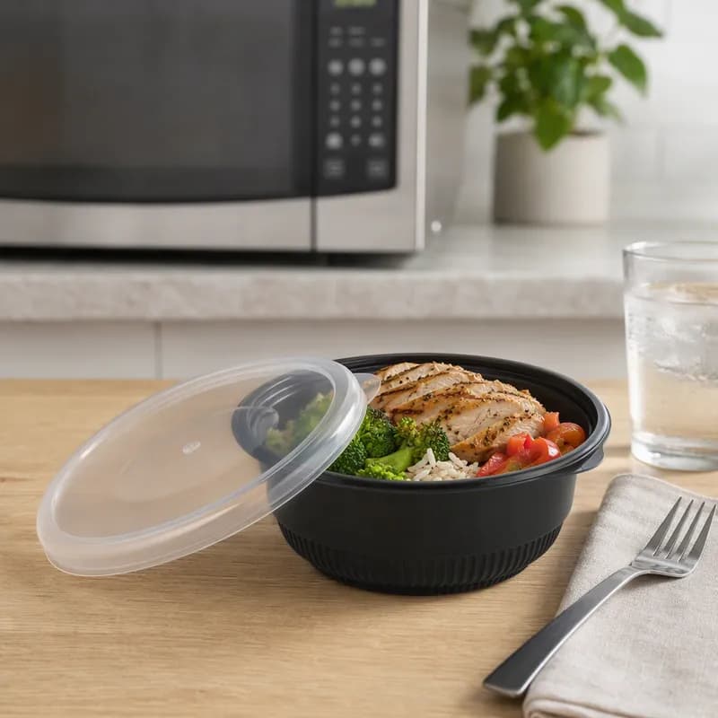 Bowl & Lid Combo With Flat Lid 20 OZ PP Black Clear Round Unhinged Microwave Safe 250/Case