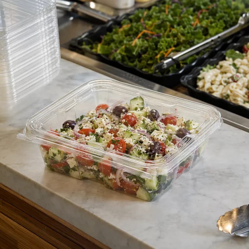 Safe-T-Fresh® Deli Container Hinged With Flat Lid 48 OZ RPET Clear Rectangle 150/Case