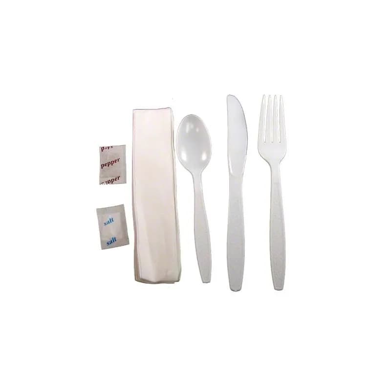 6PC Cutlery Kit PS White Heavy Duty With 1PLY Napkin,Fork,Knife,Salt & Pepper,Teaspoon 250/Case