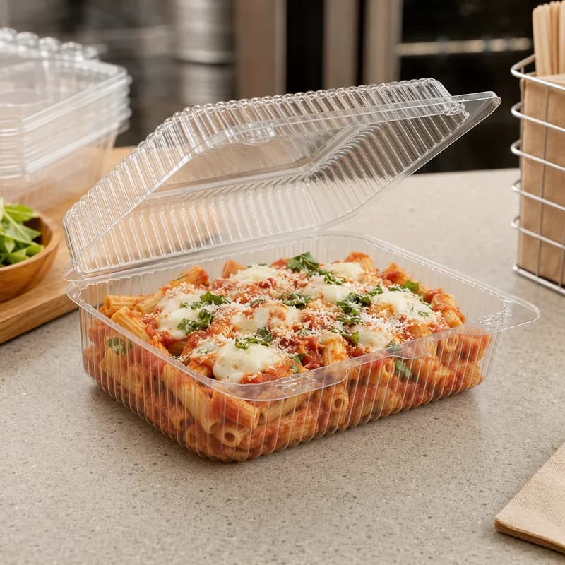 Essentials Take-Out Container Hinged With Dome Lid 75 OZ 9.375X6.75X3.0625 IN RPET Clear Rectangle Deep Bar Lock 276/Case