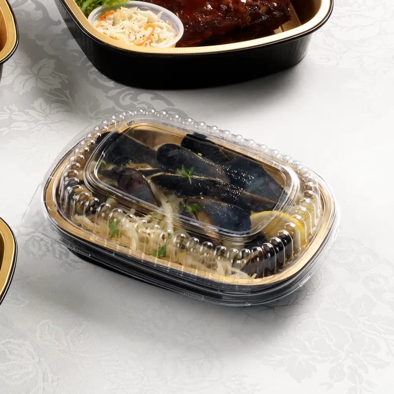 Take-Out Container Base & Lid Combo With Plastic Dome Lid Medium (MED) 52 OZ Aluminum Black Gold Full Curl 50/Case