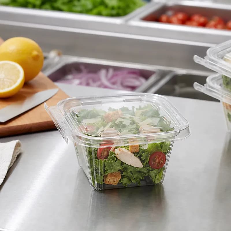 Safe-T-Fresh® Deli Container Hinged With Flat Lid 16 OZ RPET Clear Rectangle 240/Case