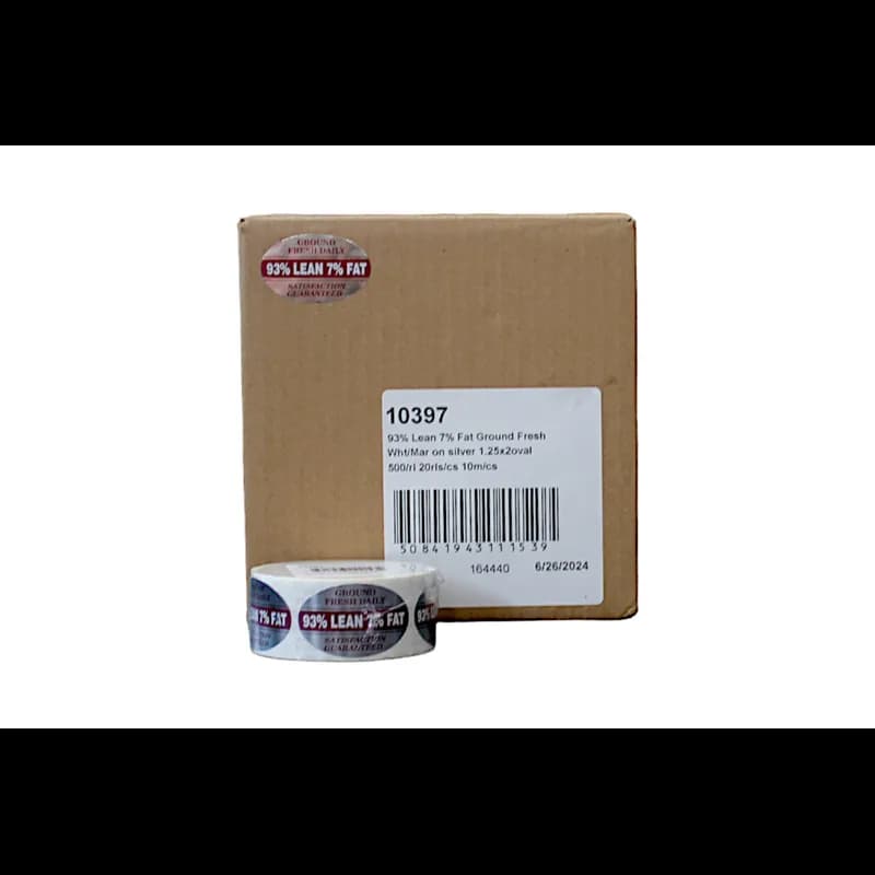 Ground Fresh 93% Lean 7% Fat Meat Grinds Label 1.25X2 IN White Maroon Silver Oval Foil 500 Count/Roll 20 Rolls/Case