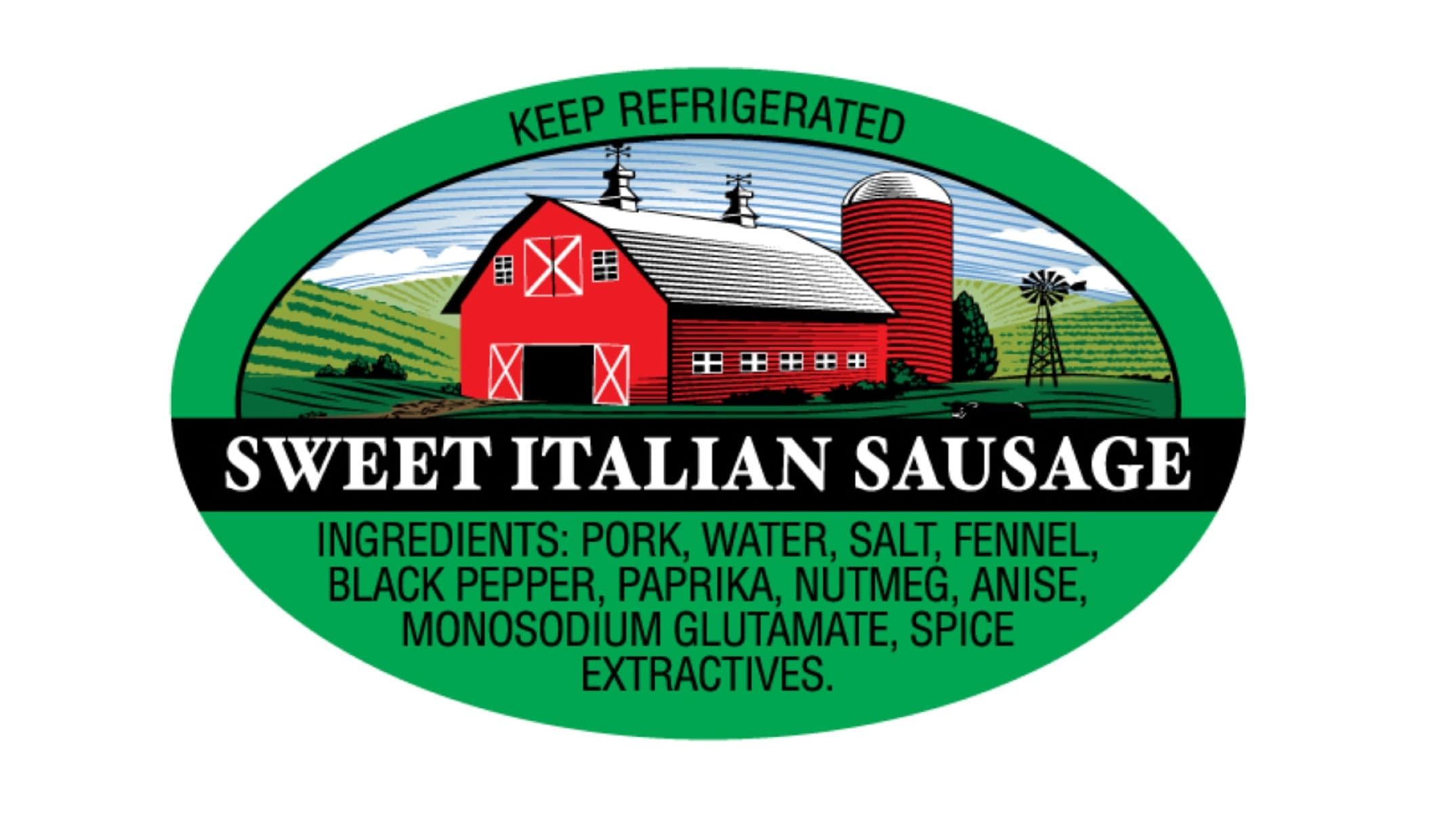 Sweet Italian Sausage With Witts Ingredients Ingredient Label 1.25X2 IN Oval 4 Color Process 500 Count/Roll 20 Rolls/Case