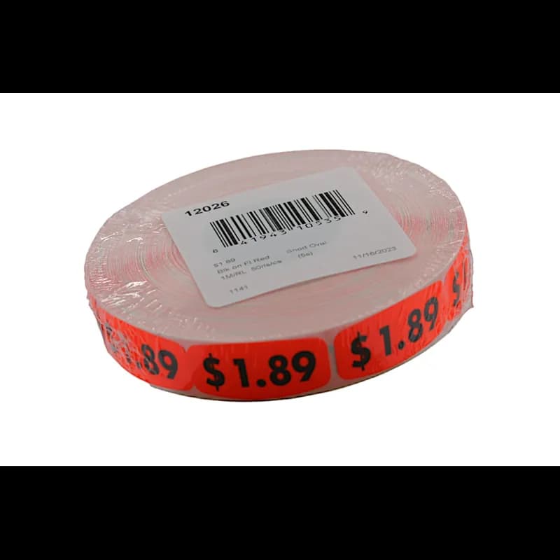 1.89 Price Label 0.625X1.25 IN Black Fluorescent Red Short Oval 1000 Count/Roll 50 Rolls/Case 50000 Count/Case