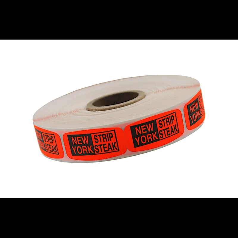 New York Strip Steak Label 0.625X1.25 IN Black Fluorescent Red Short Oval 1000 Count/Roll 50 Rolls/Case 50000 Count/Case