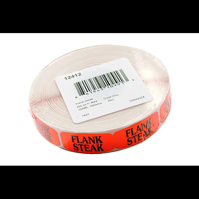 Flank Steak Label 0.625X1.25 IN Black Fluorescent Red Short Oval 1000 Count/Roll 50 Rolls/Case 50000 Count/Case