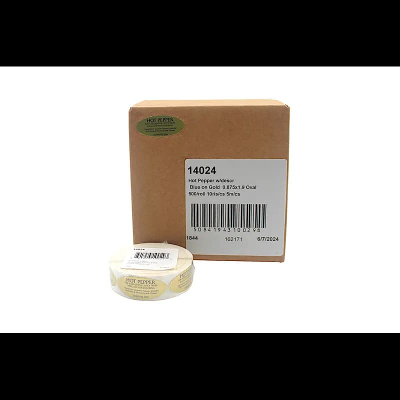 Hot Pepper Deli Label 0.875X1.9 IN Blue Gold Oval With Description 500 Count/Roll 10 Rolls/Case 5000 Count/Case