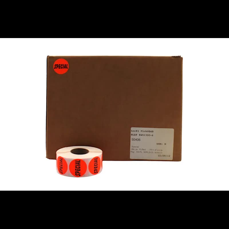 Special Label 1.5 IN Black Fluorescent Red Circle 1000 Count/Roll 50 Rolls/Case 50000 Count/Case