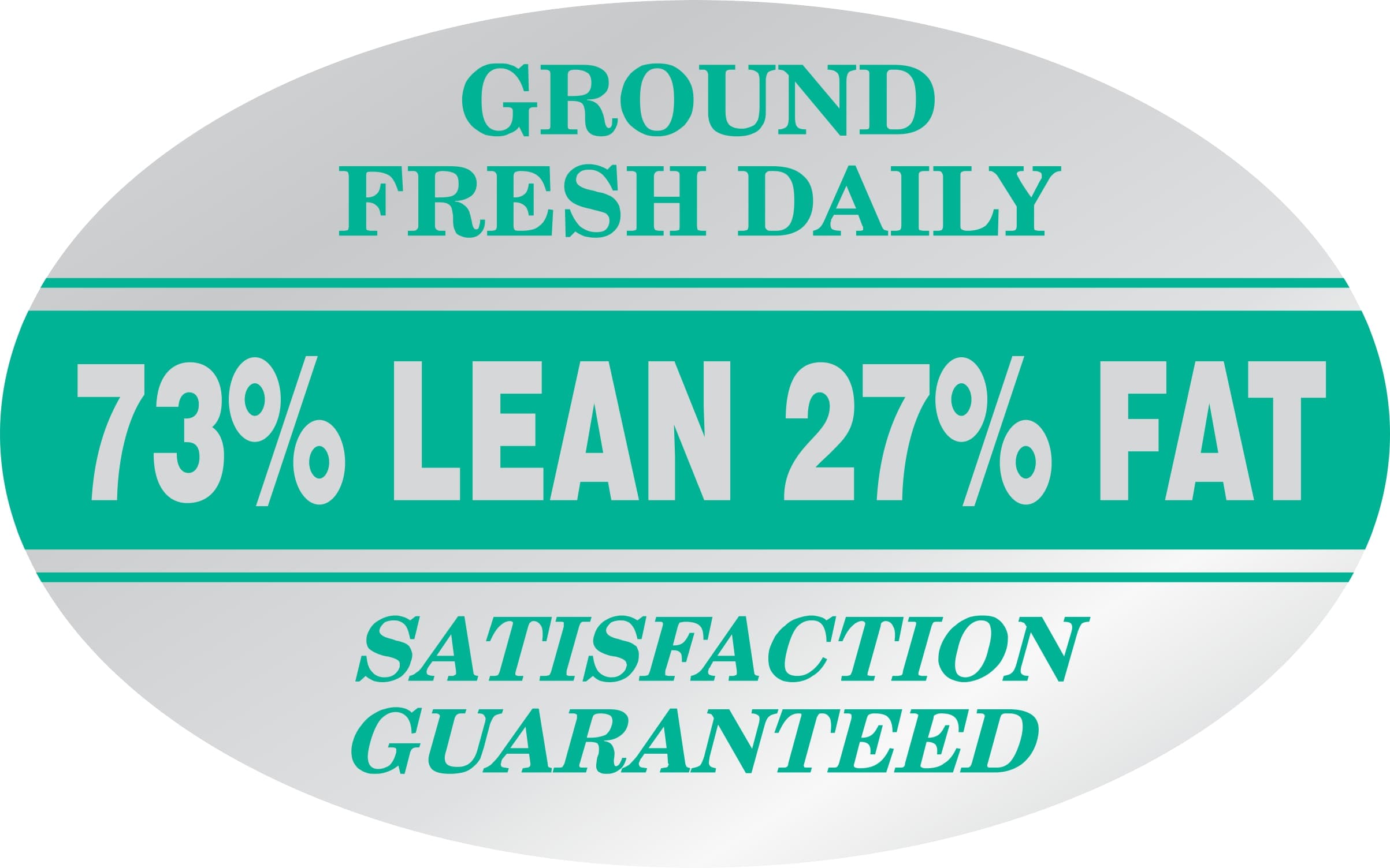 Ground Fresh Daily 73% Lean 27% Fat Meat Grinds Label 1.25X2 IN White Green Silver Oval 500 Count/Roll 5 Rolls/Sleeve