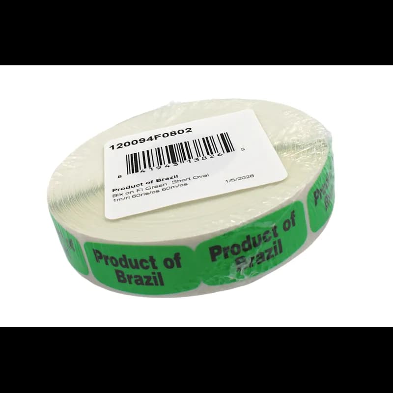 Product of Brazil Origin Label Black Fluorescent Green Short Oval 1000 Count/Roll 60 Rolls/Case 60000 Count/Case
