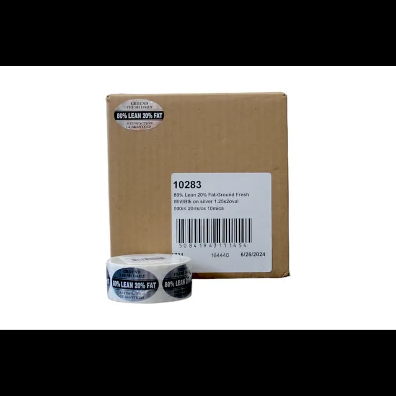 Ground Fresh 80% Lean 20% Fat Meat Grinds Label 1.25X2 IN White Black Silver Oval Foil 500 Count/Roll 20 Rolls/Case