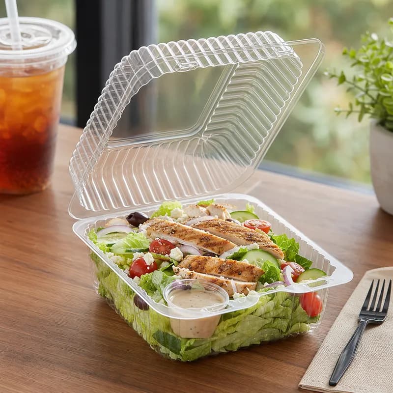 Essentials Take-Out Container Hinged With Dome Lid 6.1875X6.5625X3.375 IN RPET Clear Square Bar Lock 500/Case