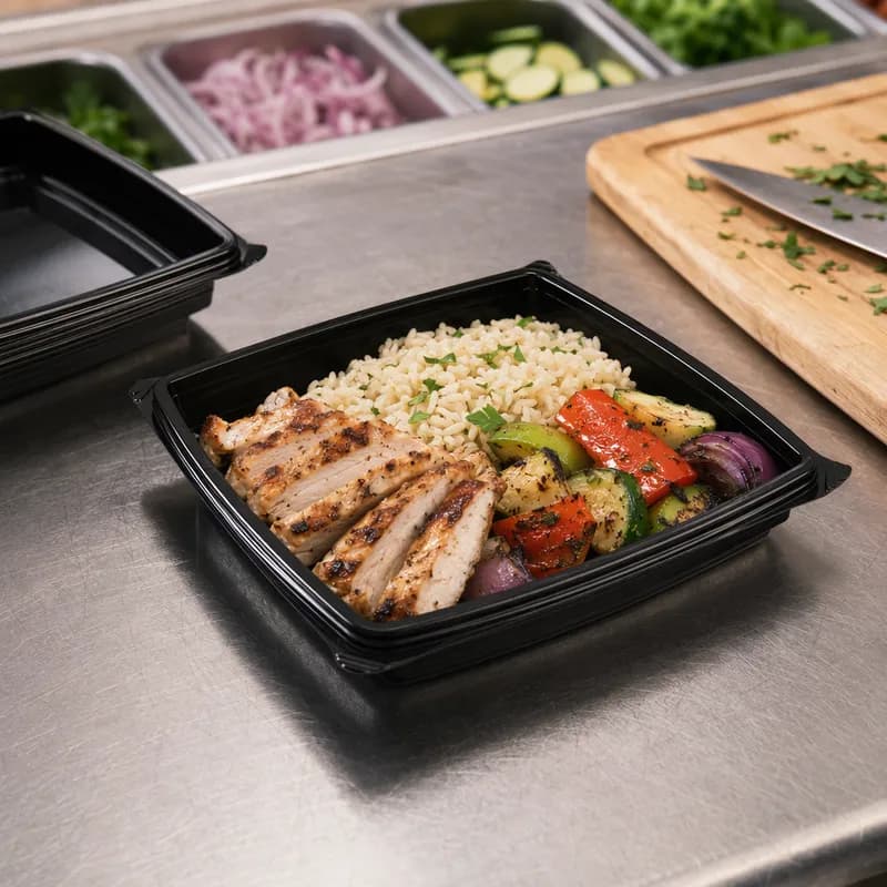 The BOTTLEBOX ® Take-Out Container Base Small (SM) 9X9X1.44 IN PP Black Square Shallow 400/Case
