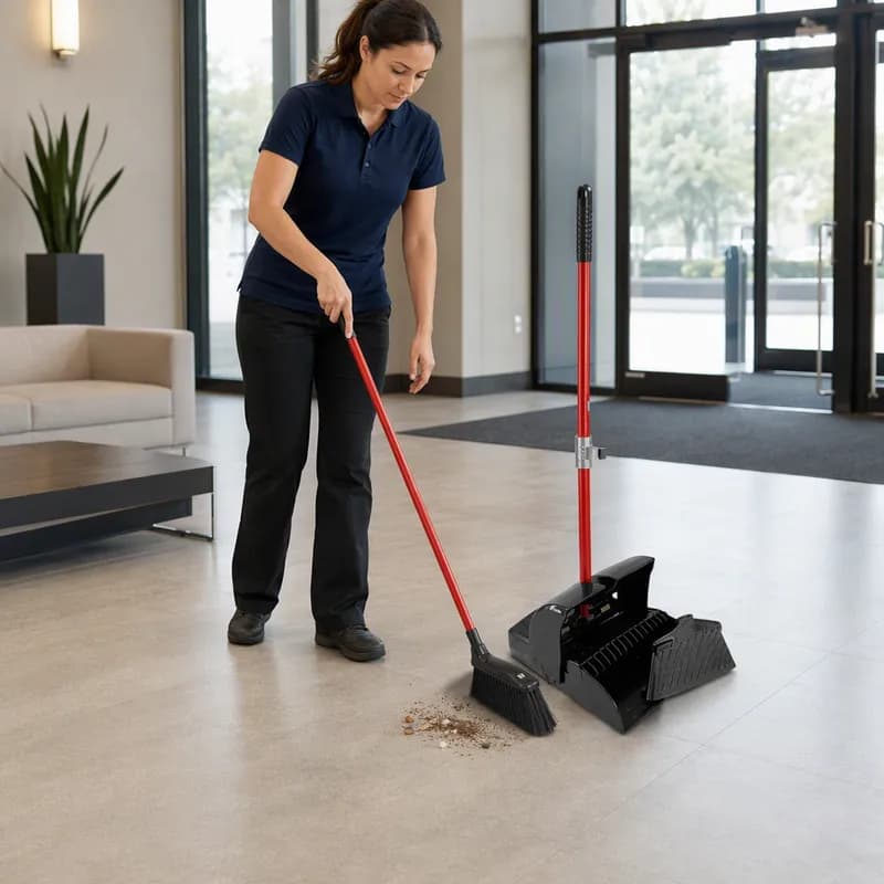 Lobby Broom & Dustpan 36X12 IN Black Red Handle Clip Molded Cleaning Teeth With Closed Lid 1/Each