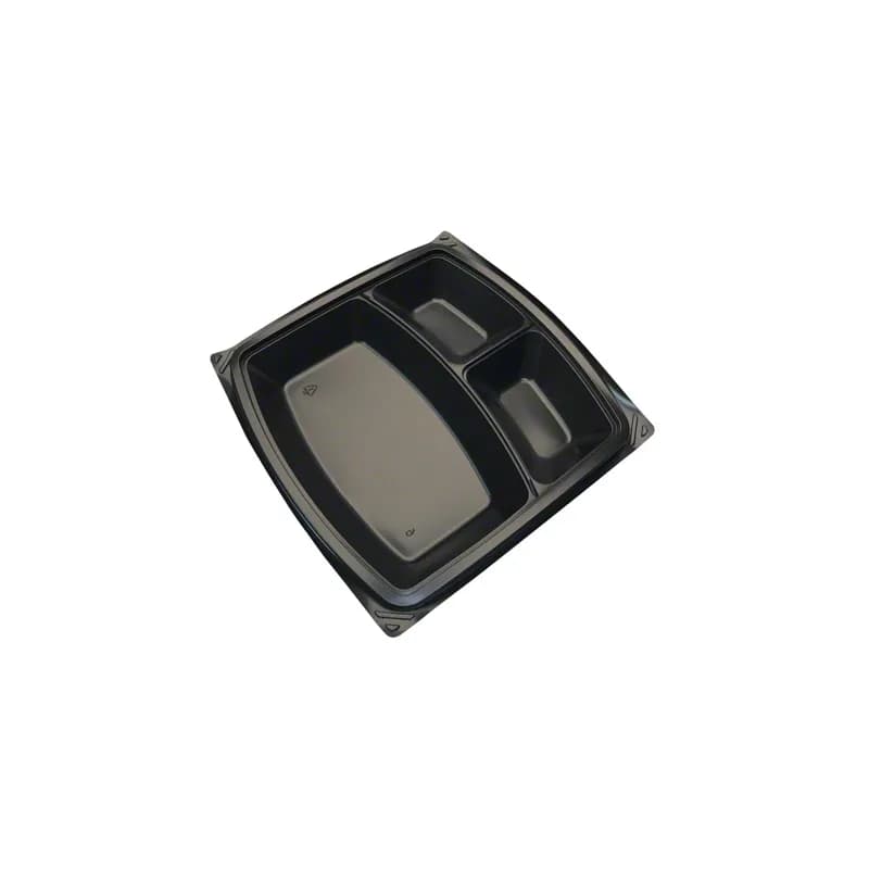 The BOTTLEBOX ® Take-Out Container Base 10.25X10.25X1.37 IN 3 Compartment PP Black Square 200/Case
