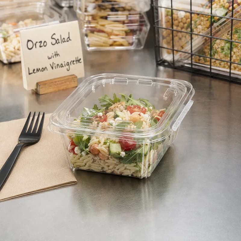 Safe-T-Fresh® Deli Container Hinged With Flat Lid 12 OZ RPET Clear Rectangle 240/Case