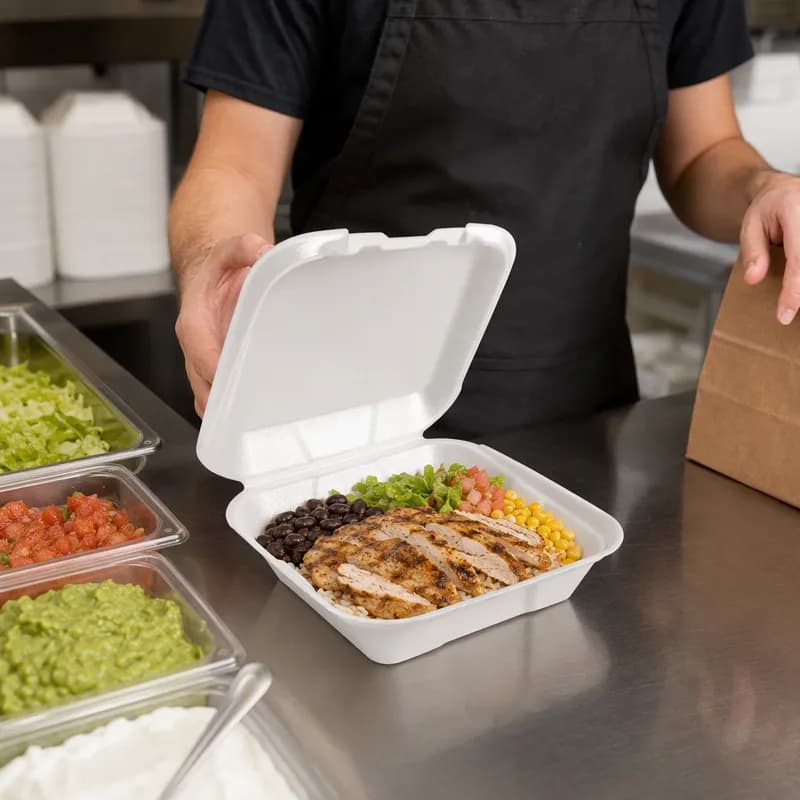 Snap-it Take-Out Container Hinged With Dome Lid 8.25X8X3 IN Polystyrene Foam White Square 200/Case